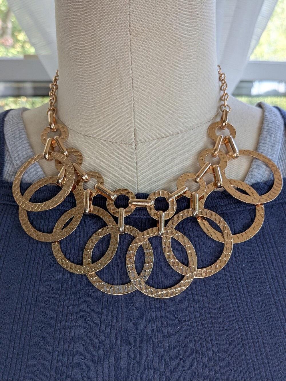 Hammered Gold Tone Interlocking Circle Statement Bib Necklace Lightweight